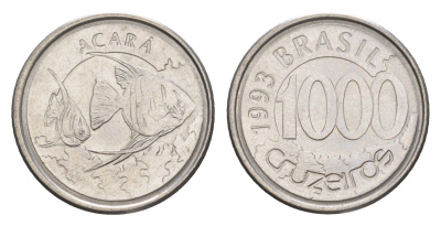 Бразилия 1000 крузейро 1993 реформа 1990-1993, рыбка Акара KM 626 нержавеющая сталь UNC 4644-546
