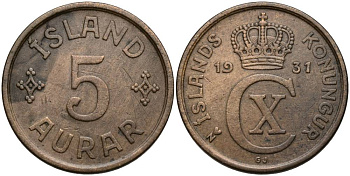 Исландия 5 эйре 1931 N-GJ, Кристиан X (1912-1944) KM 7.1 бронза 27-1033