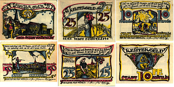 КРЁПЕЛИН НАБОР ИЗ 3 БАНКНОТ, 10, 25, 50 ПФЕННИГОВ 1922 НОТГЕЛЬД, 1922 - 28 ФЕВРАЛЯ 1922, ЗЕМЛЯ МЕКЛЕНБУРГ, ПЕРЕДНЯЯ ПОМЕРАНИЯ Grabowski 746.1 бумага 6318-41-1-2