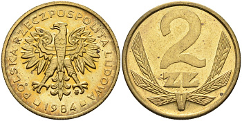 Польша 2 злотых 1984 MW, Народная Республика KM 80.1, Parchimowicz 217k латунь UNC 4580-748