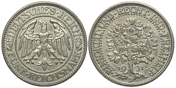 ГЕРМАНИЯ 5 МАРОК 1931 D - ДУБ, цена по каталогу МТ 300 евро J. 331, KM 56 серебро aUNC 00-128-33