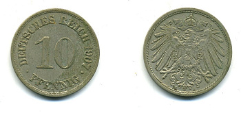 Германия 10 пфеннигов 1907 A KM 12, J. 13 медно-никель 54-458