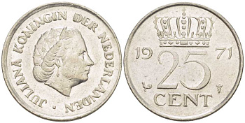 НИДЕРЛАНДЫ 25 ЦЕНТОВ 1971 ЮЛИАНА (1948-1980) KM 183 никель 214-961