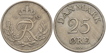 Дания 25 эре 1953 N; S, Фредерик IX (1947-1972) KM 842 медно-никель 28-356