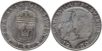 Швеция 1 крона 1989 Карл XVI Густав (1973- ) KM 852a медно-никель 4398-1214
