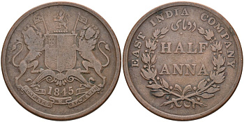 Британская Индия 1/2 анна 1845 С, Британская Ост-Индская компания, Калькутта KM 447.1 медь 88-945