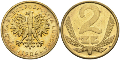 Польша 2 злотых 1984 MW, Народная Республика KM 80.1, Parchimowicz 217k латунь UNC 4580-748