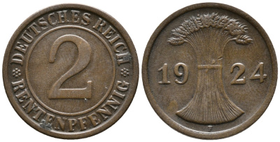 ГЕРМАНИЯ 2 РЕНТЕНПФЕННИГА 1924 F KM 31, J. 307 бронза 24-516