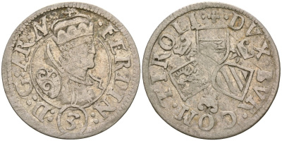 Австрия, Тироль 3 крейцера ND (1632-1666) Фердинанд Карл Австрийский (1632-1666) KM 1116 серебро 4044-1442