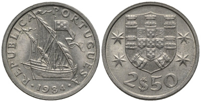 Португалия 2,5 эскудо 1984 парусник KM 590 медно-никель 4608-959