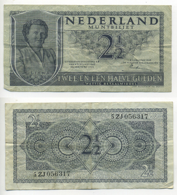 НИДЕРЛАНДЫ 2 1/2 ГУЛЬДЕНА 1949 8 АВГУСТА 1949, КОРОЛЕВА ЮЛИАНА Pick 73 бумага 6293-3-1-1