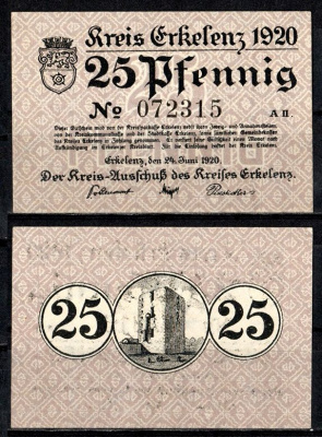 Эркеленц (Пруссия, Рейн) 25 пфеннигов 1920 Mehl Grabowski E24.10b бумага UNC (пресс) 7555-58-3-1