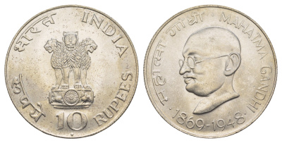 Индия 10 рупий 1969 100 лет со дня рождения Махатмы Ганди KM 185 серебро BU 5010-1135
