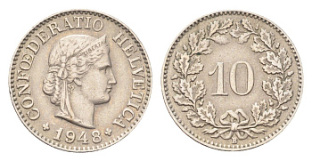 Швейцария 10 раппенов 1948 B KM 27 медно-никель 4708-163