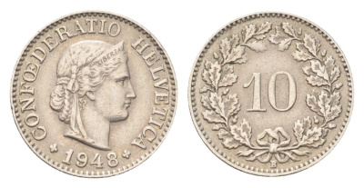 Швейцария 10 раппенов 1948 B KM 27 медно-никель 4708-163