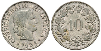 Швейцария 10 раппенов 1954 В KM 27 медно-никель 4576-946