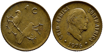 ЮАР 1 ЦЕНТ 1976 ПРЕЗИДЕНТ ЯКОБУС ЙОХАННЕС ФУШЕ, КАПСКИЕ ВОРОБЬИ KM 91 бронза 4392-1312