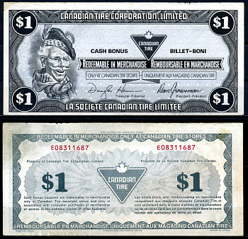 Канада купон на 1 доллар 1987 Canadian Tire бумага 2195-23-3-1