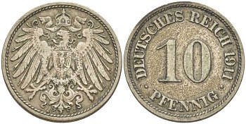ГЕРМАНИЯ 10 ПФЕННИГОВ 1911 J KM 12, J. 13, Weege 8 медно-никель 212-145
