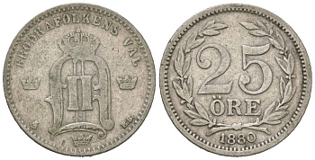Швеция 25 эре 1880 EB, Оскар II (1872-1907) KM 739 серебро 44-135