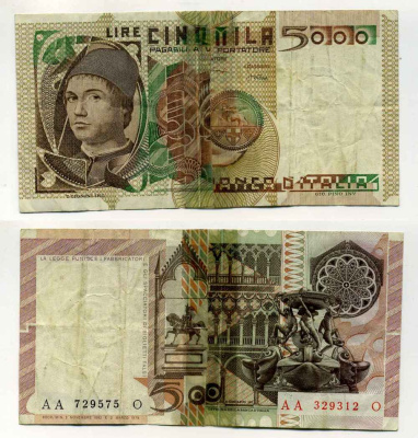 Италия 5000 лир 1979 Мужской портрет Андреа дель Кастаньо Pick 105b бумага 8588-11-1-2