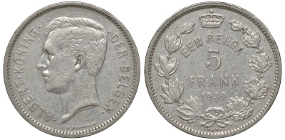 Бельгия 5 франков - 1 бельга 1930 Альберт I, der Belgen KM 98 медно-никель 4162-234