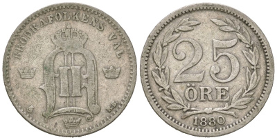 Швеция 25 эре 1880 EB, Оскар II (1872-1907) KM 739 серебро 44-135