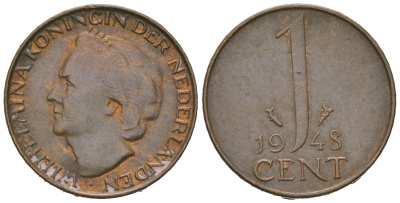 Нидерланды 1 цент 1948 Вильгельмина (1890-1948) KM 175 бронза 4618-357