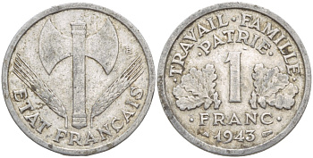 ФРАНЦИЯ 1 ФРАНК 1943 LB, ТИП LEGERE, ПРАВИТЕЛЬСТВО ВИШИ KM 902.1, LE FRANC 223.3 алюминий 4525-1044