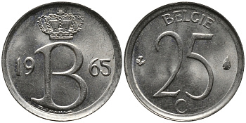 Бельгия 25 сантимов 1965 Belgie, Бодуэн I (1951-1993) KM 154.1 медно-никель 99-352