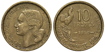 Франция 10 франков 1950 петух KM 915.1, Le Franc 363.2 алюминиевая бронза 4128-444