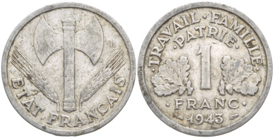 ФРАНЦИЯ 1 ФРАНК 1943 LB, ТИП LEGERE, ПРАВИТЕЛЬСТВО ВИШИ KM 902.1, LE FRANC 223.3 алюминий 4525-1044