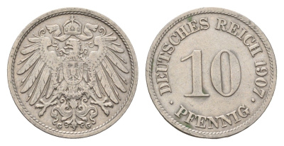 Германия 10 пфеннигов 1907 G, Вильгельм II (1888-1918) KM 12, J. 13 медно-никель 4636-866