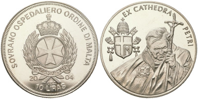 Мальтийский орден 10 лир 2004 Жизнь Папы, Иоанн Павел II - Герб Папы Иоанна Павла II, тираж 5.000 экземпляров медно-никель PROOF 1529-1231