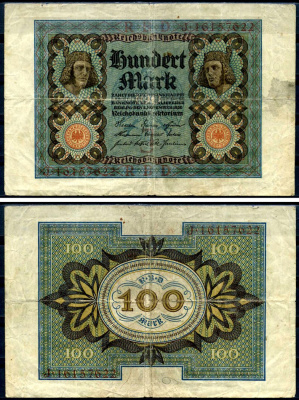 Германия 100 марок 1920 Бамбергский всадник, 8 цифр в номере, серия J, буква J Pick 69 b, Розенберг 69b бумага 8617-40-2-2