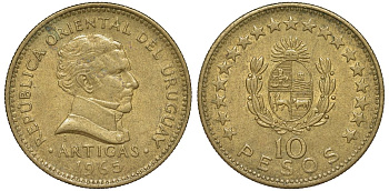Уругвай 10 песо 1965 KM 48 алюминиевая бронза 4574-725