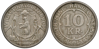 Гренландия 10 крон 1922 криолитовые шахты KM Tn49 медно-никель 4044-1343