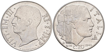 ИТАЛИЯ 20 ЧЕНТЕЗИМО 1941 R, ГОД XIX, ВИКТОР ЭММАНУИЛ III (1900-1946) KM 75b, VEM3. 1028 нержавеющая сталь 3853-911