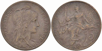 ФРАНЦИЯ 5 САНТИМОВ 1906 ТИП ДАНИЭЛЬ ДЮПЮИ KM 842, LE FRANC 119.16 бронза 108-852