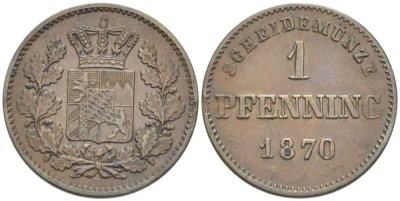 Бавария 1 пфенниг 1870 Людвиг II (1864-1886) KM 471, Jg. 91, AKS 185. медь 201-257