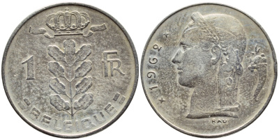 БЕЛЬГИЯ 1 ФРАНК 1962 BELGIQUE KM 142.1 медно-никель 4388-626