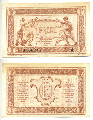ФРАНЦИЯ 1 ФРАНК 1917 СЕРИЯ A, ВЫПУСК ДЛЯ ВОЕННОГО КАЗНАЧЕЙСТВА, ПЕРВАЯ МИРОВАЯ ВОЙНА Pick M2 бумага 3295-105-1-1