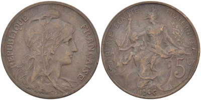 Франция 5 сантимов 1906 тип Дюпюи KM 842, LE FRANC 119.16 бронза 108-852