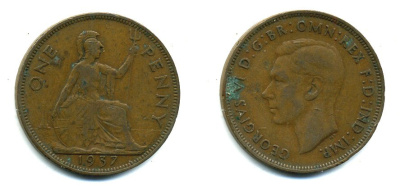 Великобритания 1 пенни 1937 Георг VI (1936-1952) KM 845, Spink 4114 бронза 37-115