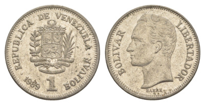 Венесуэла 1 боливар 1989 Симон Боливар, тонкий шрифт Y 52a.1 сталь плакированная никелем 4589-827