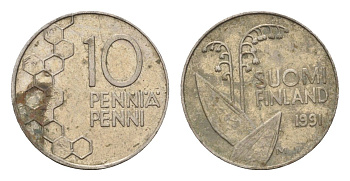 Финляндия 10 пенни 1991 KM 65 медно-никель 4702-439