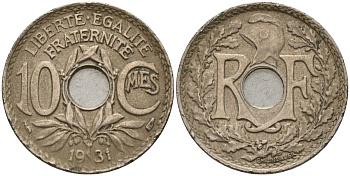 Франция 10 сантимов 1931 KM 866a, Le Franc 138.3 медно-никель 4143-955