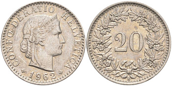 Швейцария 20 раппенов 1962 В KM 29a медно-никель 55-825