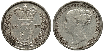 Великобритания 3 пенса 1874 Виктория (1837-1901) KM 730, Spink 3914C серебро 188-421