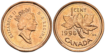 Канада 1 цент 1996 Елизавета II (1952-2022), кленовый лист KM 181 бронза 4609-253